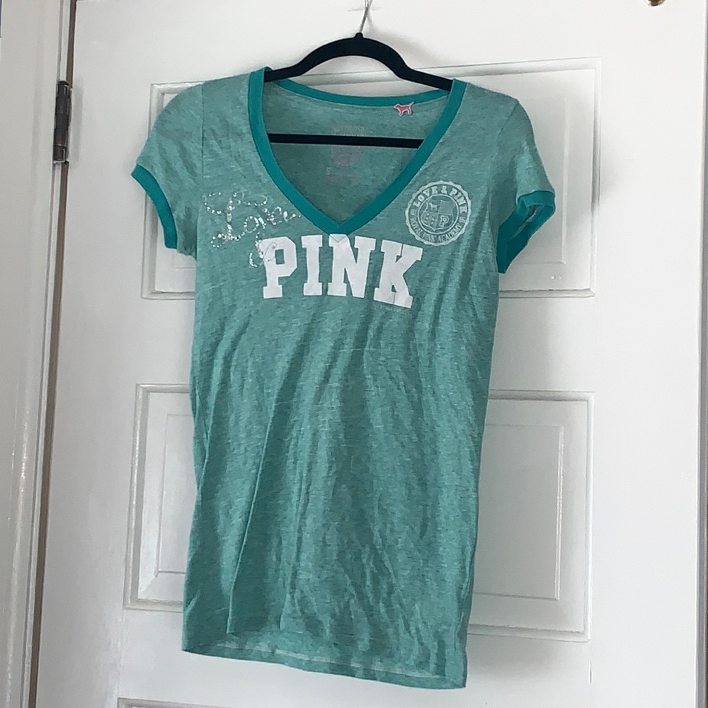 Small Victoria’s Secret PINK V-neck vintage bling T-shirt top y2k shirt